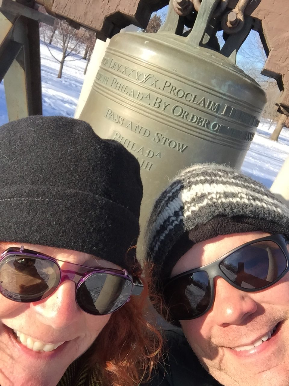 Dawn and Tom at the Nebraska Liberty Bell replica in Antelope Park, Lincoln on Jan 2, 2018