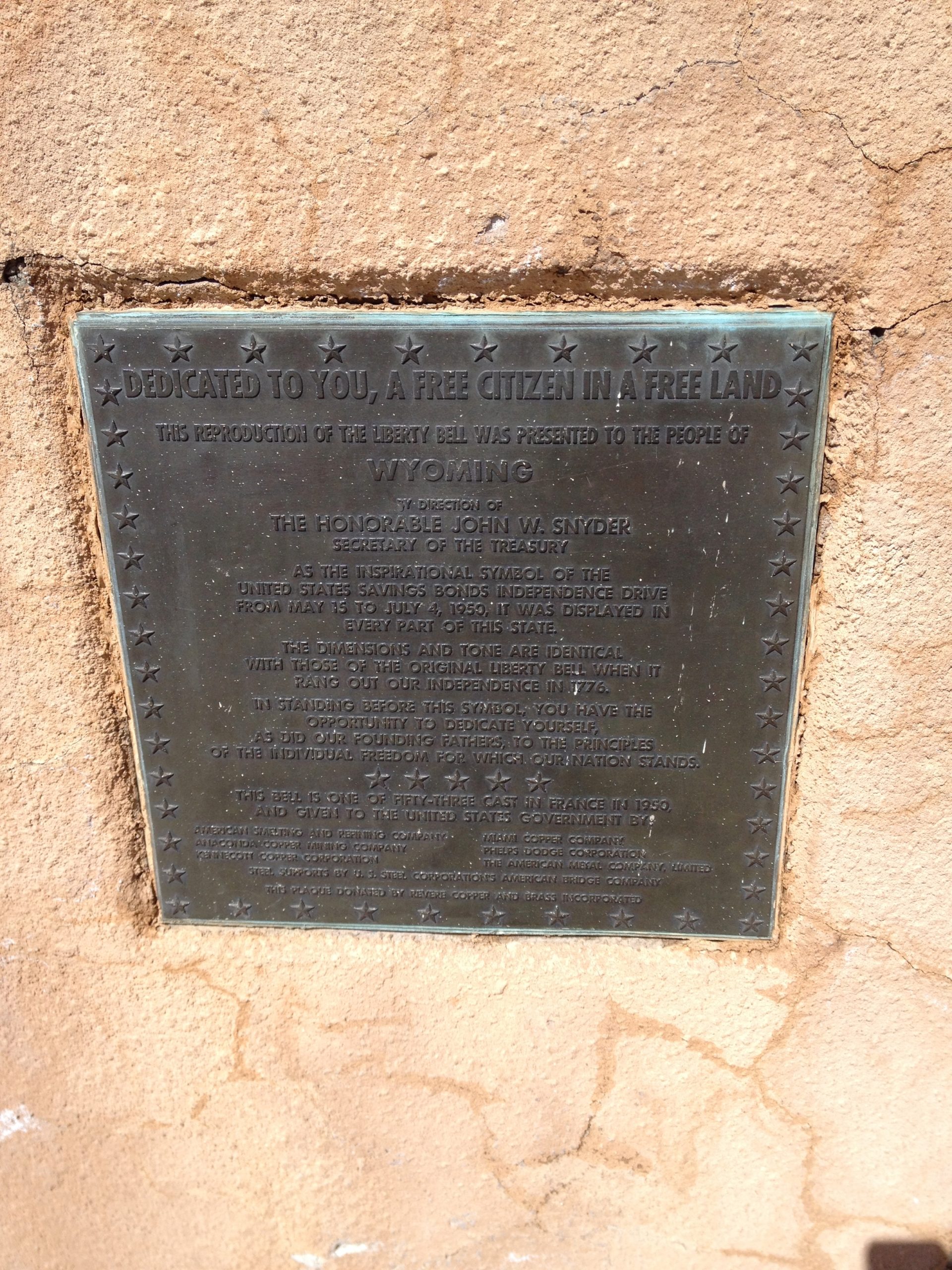 Original dedication plaque for the Wyoming Liberty Bell Replica