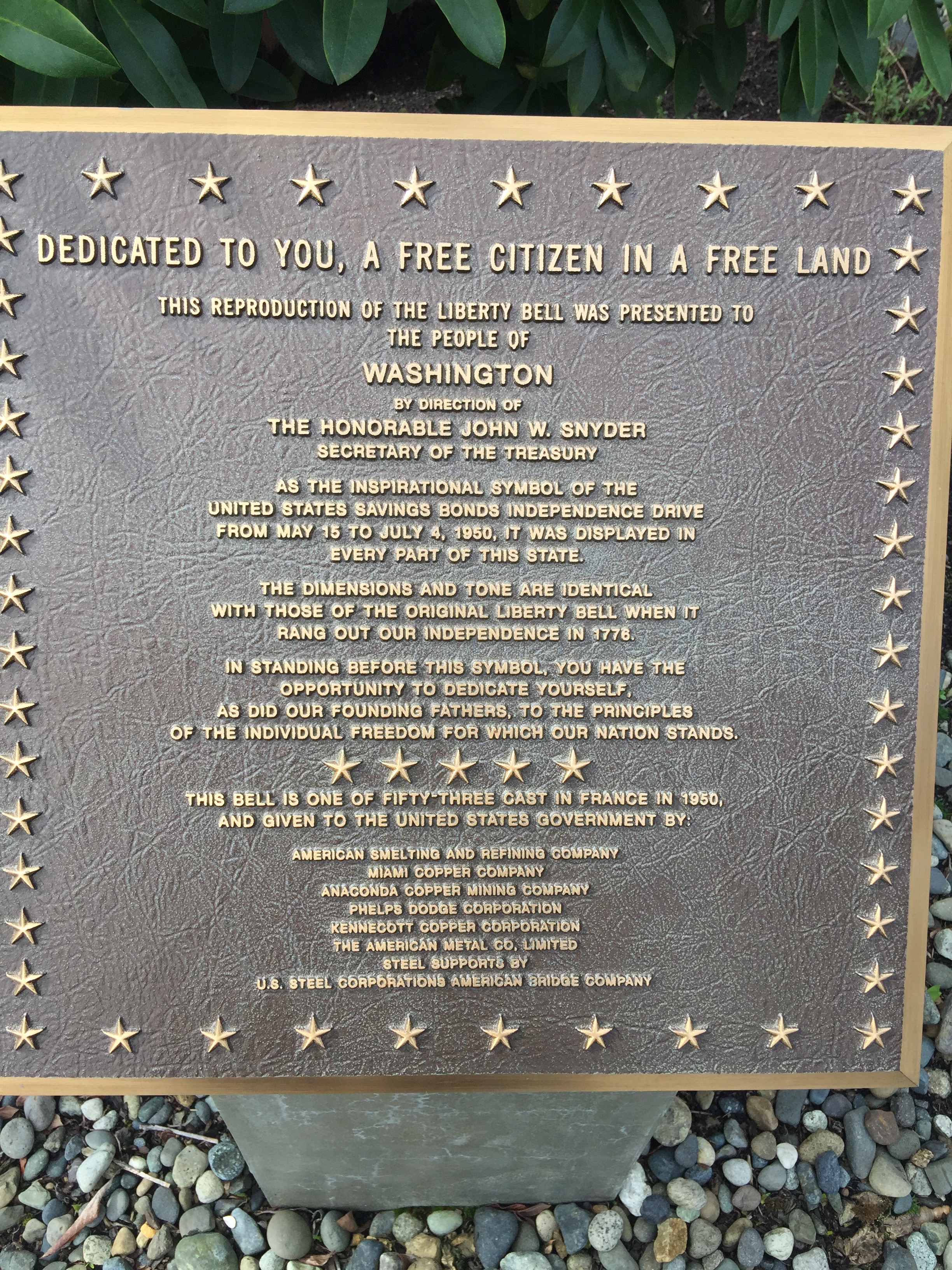 Tacoma Washington Liberty Bell Replica, dedication plaque